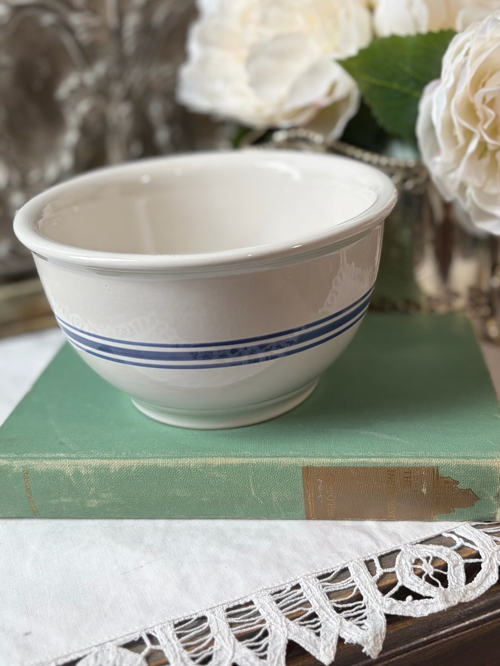 Vintage white blue stripe stoneware mixing bowl farmhouse French Country